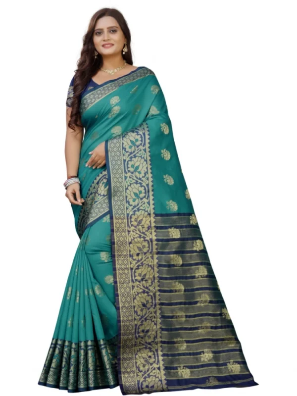 Women's Silk Blend Woven Saree With Unstitched Blouse 5.5Mtr (Dark Blue-Green)
