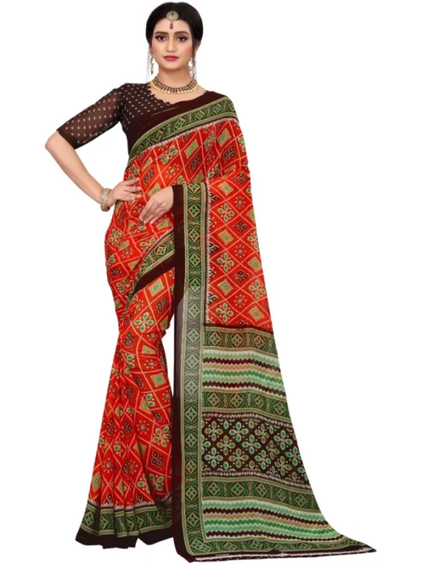Women's Georgette Floral Print Saree With Unstitched Blouse 5.5Mtr (Orange)