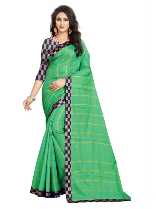 Women's Cotton Silk Checkered Saree With Unstitched Blouse 5.5Mtr (Green)
