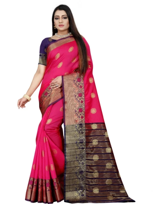 Women's Silk Blend Woven Saree With Unstitched Blouse 5.5Mtr (Blue-Pink)