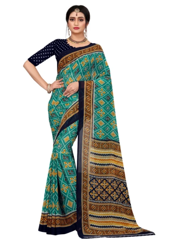 Women's Georgette Floral Print Saree With Unstitched Blouse 5.5Mtr (Dark Green)