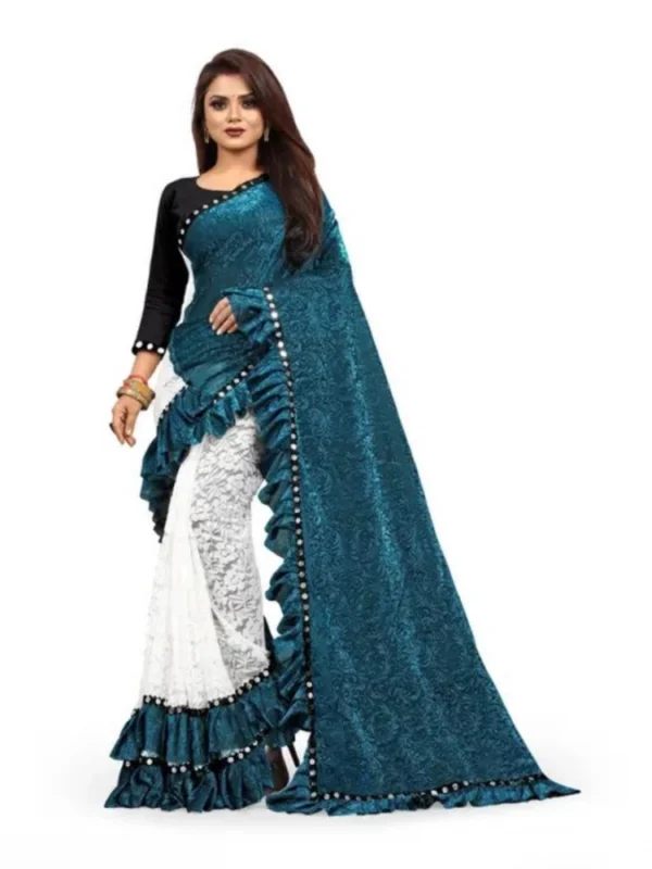 Women's Silk With Mirror Lace Solid Saree With Unstitched Blouse (Rama, 5-5 Mtrs)