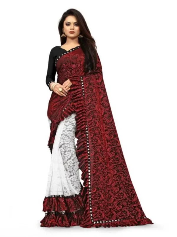Women's Silk With Mirror Lace Solid Saree With Unstitched Blouse (Red, 5-5 Mtrs)