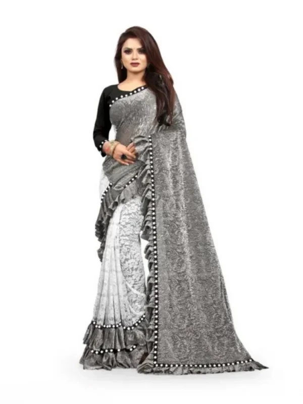Women's Silk With Mirror Lace Solid Saree With Unstitched Blouse (Grey, 5-5 Mtrs)