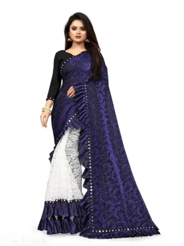 Women's Silk With Mirror Lace Solid Saree With Unstitched Blouse (Blue, 5-5 Mtrs)