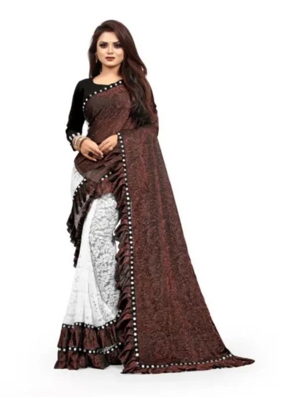 Women's Silk With Mirror Lace Solid Saree With Unstitched Blouse (Brown, 5-5 Mtrs)
