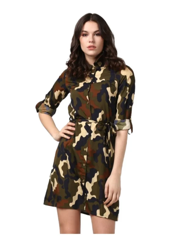 Women's Polyester Printed Roll Up Sleeve Tunic Top (Green - Black)