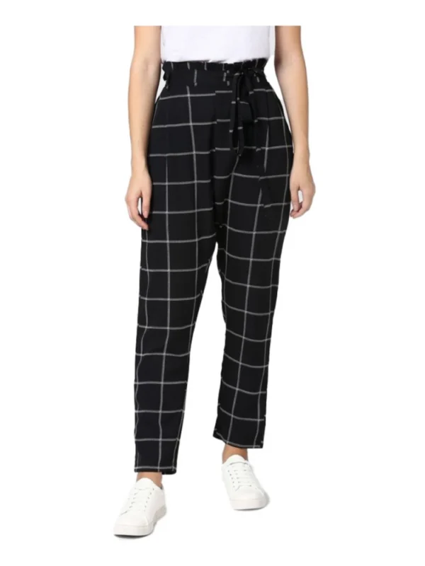 Women's Polyester Checkered Elasticated Trousers (Black - White)