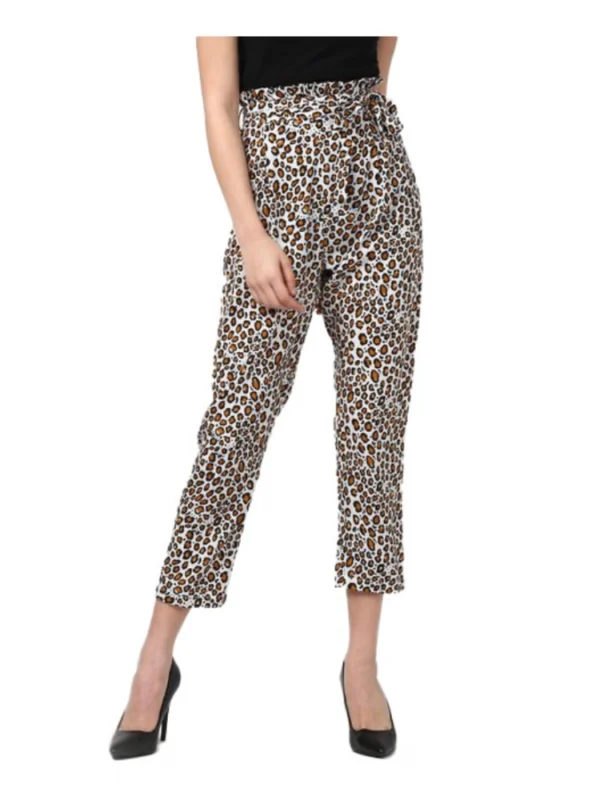 Women's Polyester Animal Print Elasticated Trousers (White - Yellow)