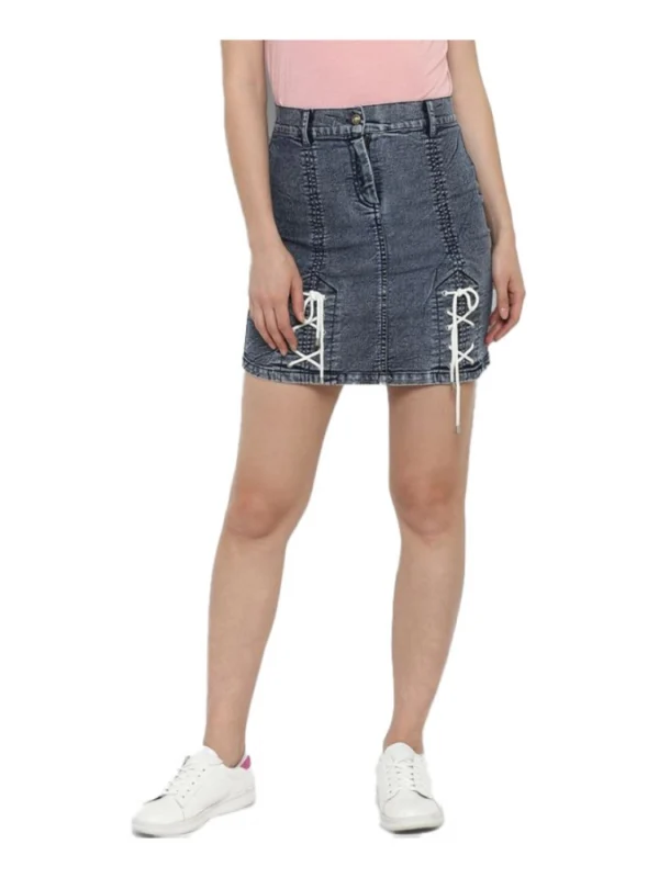 Women's Denim Tie Up Buttoned Skirt (Blue)