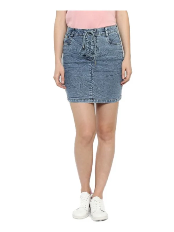 Women's Denim Draw String Buttoned Skirt (Blue)