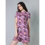 Women's Cotton Blended Printed Round Neck Half Sleeve Top - Shorts Set (Purple) - Image 3