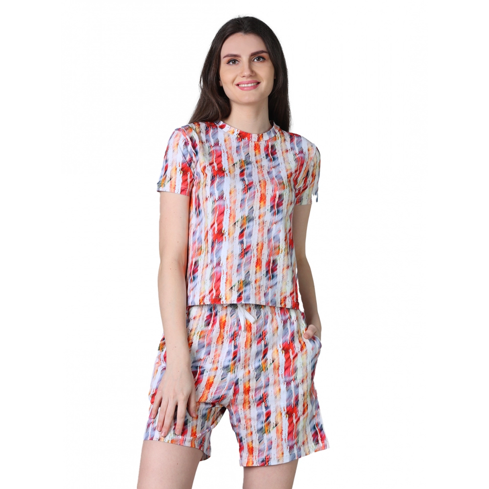 54089008692_a3a017f0bc_o_d-1000x1000-1.webp Women's Cotton Blended Printed Round Neck Half Sleeve Top - Shorts Set (Red) - Image 1