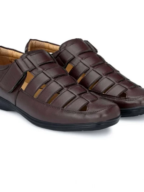 Men's Casual Faux Leather Solid Velcro Sandal (Brown)