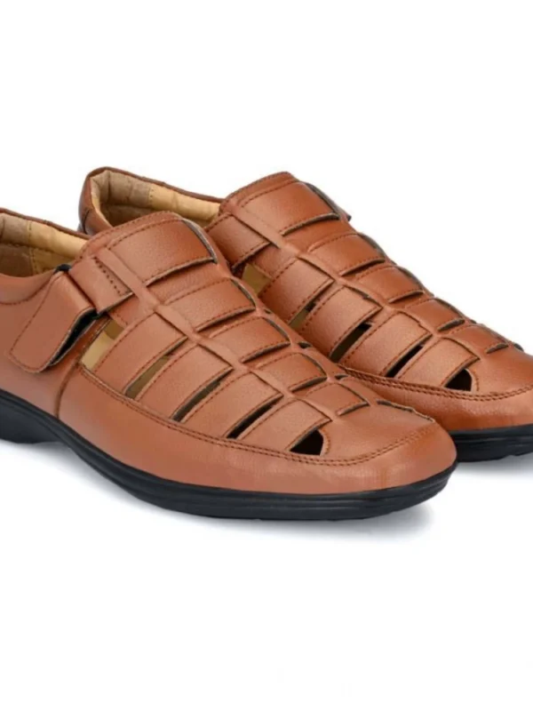 Men's Casual Faux Leather Solid Velcro Sandal (Tan)