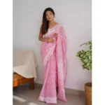 Women's Cotton  Printed Saree With Unstitched Blouse 5.5Mtr (Pink) - Image 3