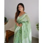 Women's Cotton  Printed Saree With Unstitched Blouse 5.5Mtr (Pista) - Image 3