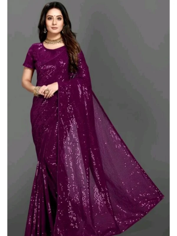 Women's Georgette Embellished Sequnece Bollywood Saree With Unstitched Blouse 5.5Mtr (Purple)