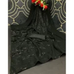 Women's Georgette Embellished Sequnece Bollywood Saree With Unstitched Blouse 5.5Mtr (Black) - Image 2