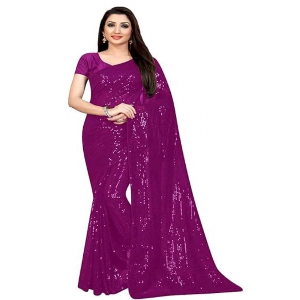 54465537704_ab133b11ba_o_d-1000x1000-1.webp Women's Georgette Embellished Sequnece Bollywood Saree With Unstitched Blouse 5.5Mtr (Purple) - Image 1