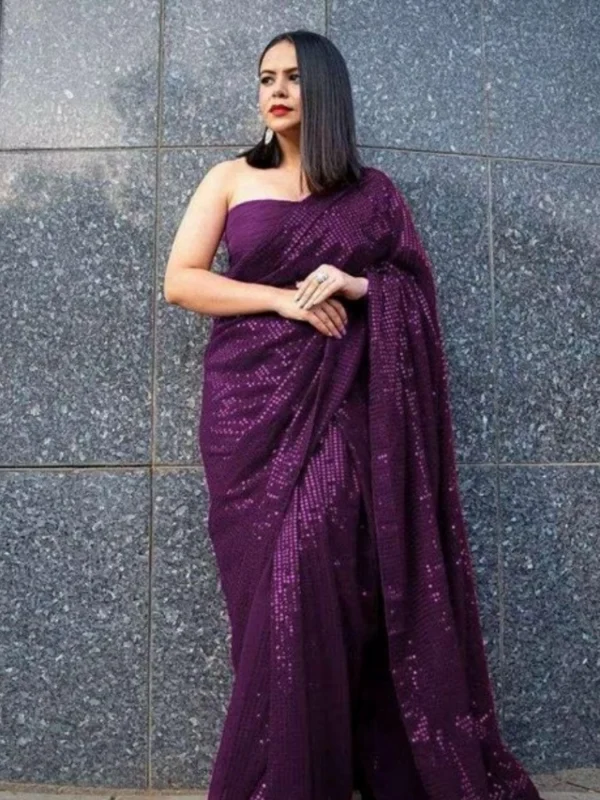 Women's Georgette Embellished Sequnece Bollywood Saree With Unstitched Blouse 5.5Mtr (Purple)