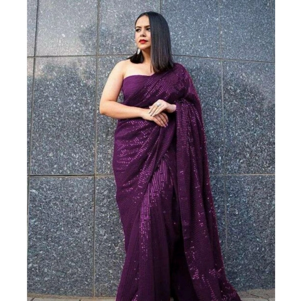 54465537744_42458da516_o_d-1000x1000-1.webp Women's Georgette Embellished Sequnece Bollywood Saree With Unstitched Blouse 5.5Mtr (Purple) - Image 1