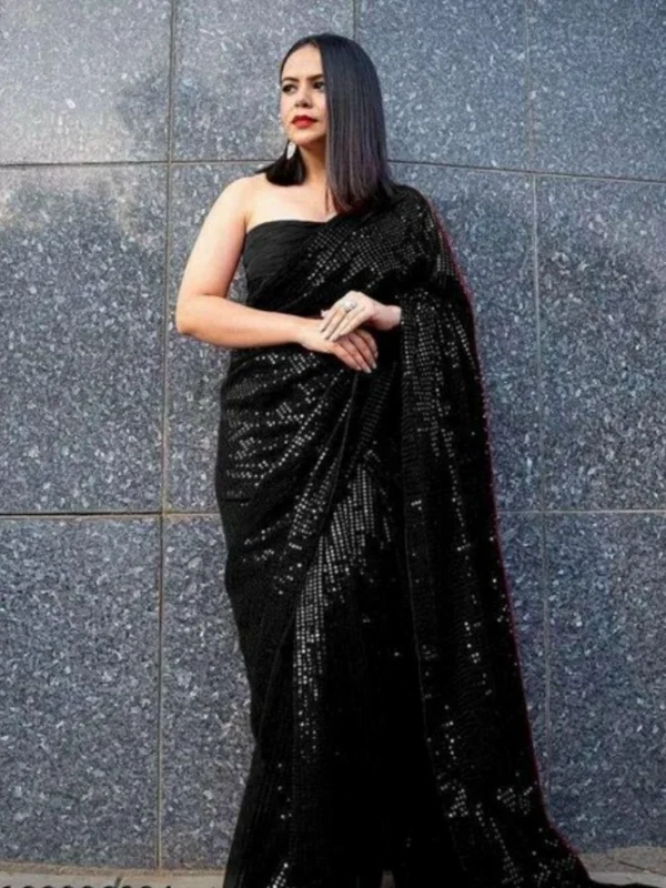 Women's Georgette Embellished Sequnece Bollywood Saree With Unstitched Blouse 5.5Mtr (Black)