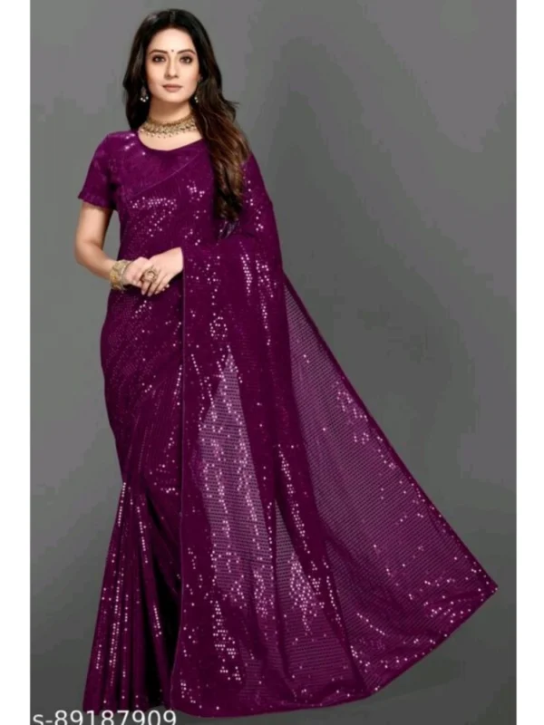 Women's Georgette Embellished Sequnece Bollywood Saree With Unstitched Blouse 5.5Mtr (Purple)