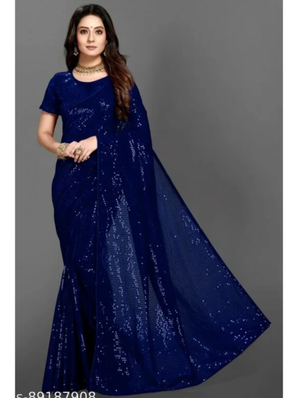 Women's Georgette Embellished Sequnece Bollywood Saree With Unstitched Blouse 5.5Mtr (Blue)