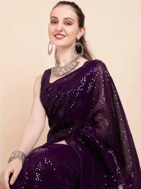 Women's Georgette Embellished Sequnece Bollywood Saree With Unstitched Blouse 5.5Mtr (Purple)
