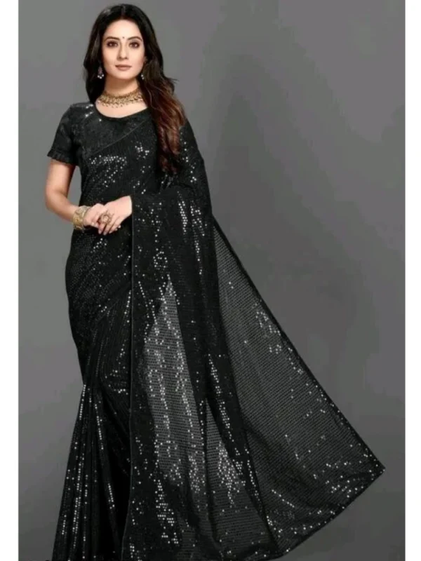 Women's Georgette Embellished Sequnece Bollywood Saree With Unstitched Blouse 5.5Mtr (Black)