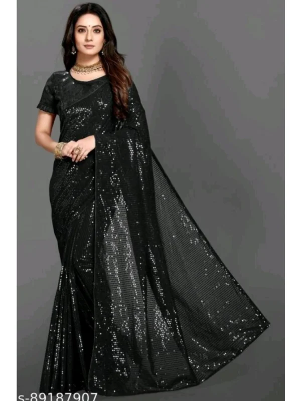 Women's Georgette Embellished Sequnece Bollywood Saree With Unstitched Blouse 5.5Mtr (Black)