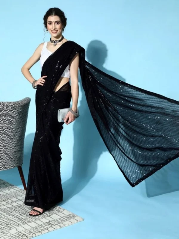 Women's Georgette Embellished Sequnece Bollywood Saree With Unstitched Blouse 5.5Mtr (Black)