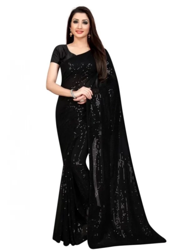 Women's Georgette Embellished Sequnece Bollywood Saree With Unstitched Blouse 5.5Mtr (Black)