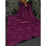 Women's Georgette Embellished Sequnece Bollywood Saree With Unstitched Blouse 5.5Mtr (Purple) - Image 2