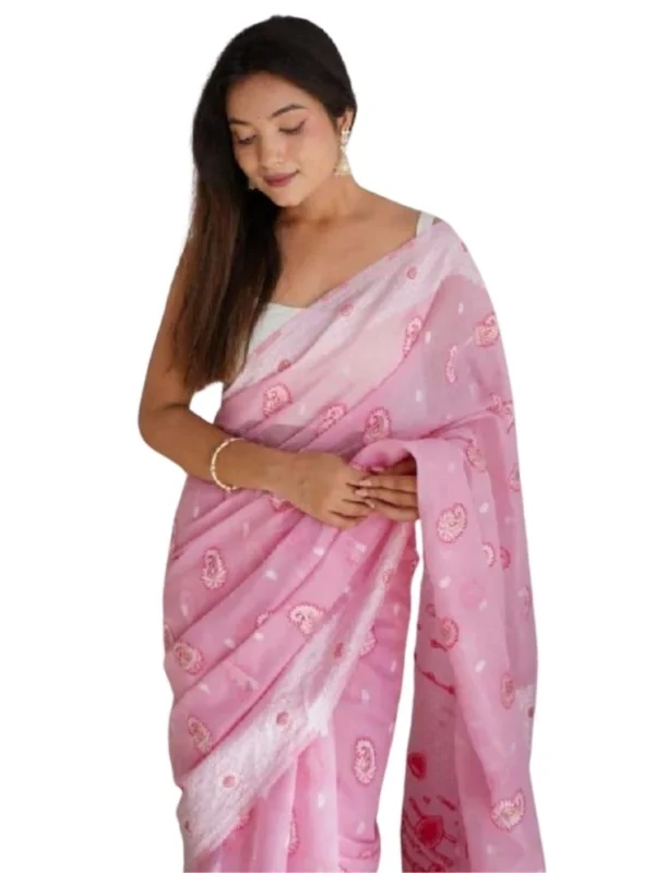 Women's Cotton  Printed Saree With Unstitched Blouse 5.5Mtr (Pink)