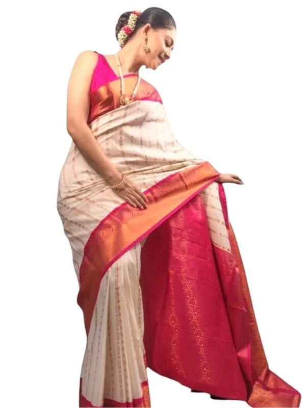 Women's Silk Printed Saree With Unstitched Blouse 5.5Mtr (White-Pink)