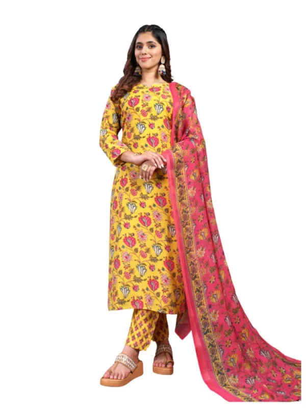 Women's Cotton Blend Printed Kurti With Pant Dupatta Set (Yellow)