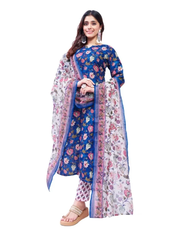 Women's Cotton Blend Printed Kurti With Pant Dupatta Set (Blue)