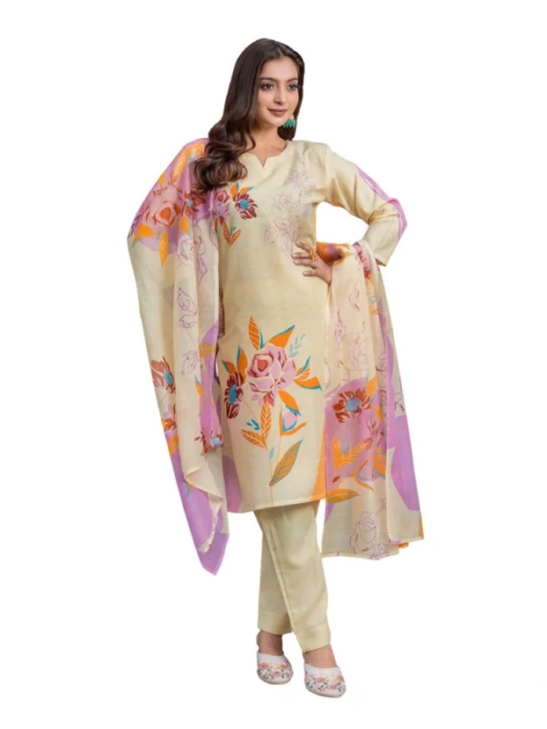 Women's Cotton Blend Printed Kurti With Pant Dupatta Set (Cream)