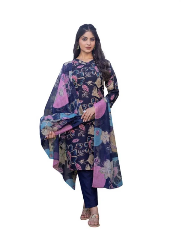 Women's Cotton Blend Printed Kurti With Pant Dupatta Set (NavyBlue)