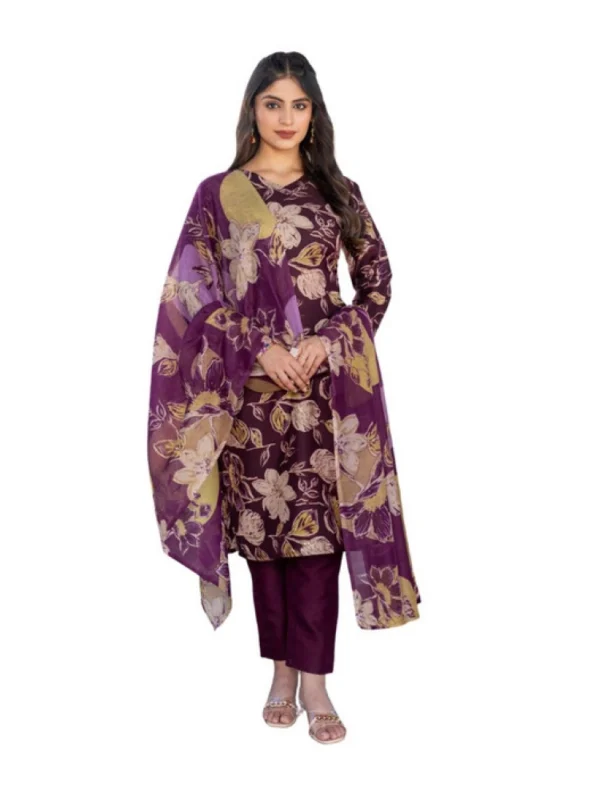 Women's Cotton Blend Printed Kurti With Pant Dupatta Set (Purple)