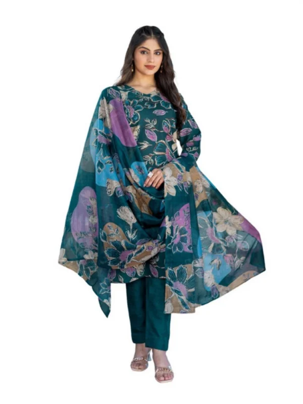Women's Cotton Blend Printed Kurti With Pant Dupatta Set (Rama)