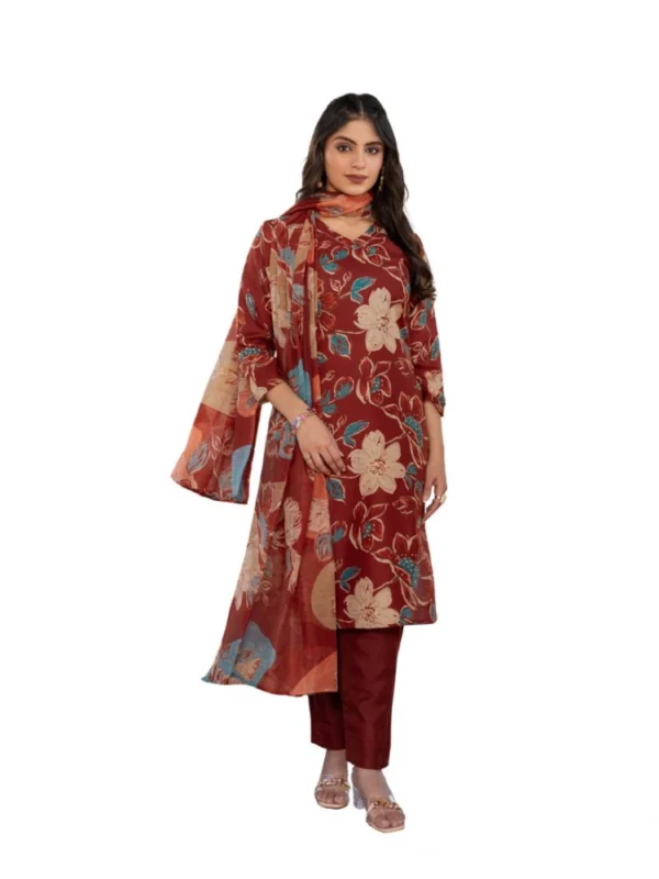 Women's Cotton Blend Printed Kurti With Pant Dupatta Set (Rust)