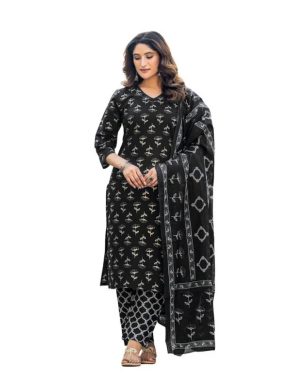 Women's Cotton Blend Printed Kurti With Pant Dupatta Set (Black)