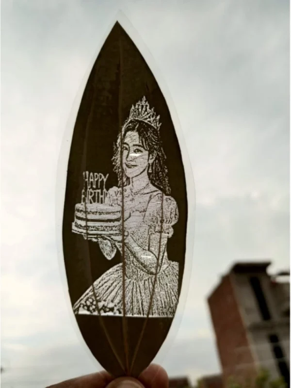 Custom Birthday Leaf Art – Engraved Portrait on Natural Leaf