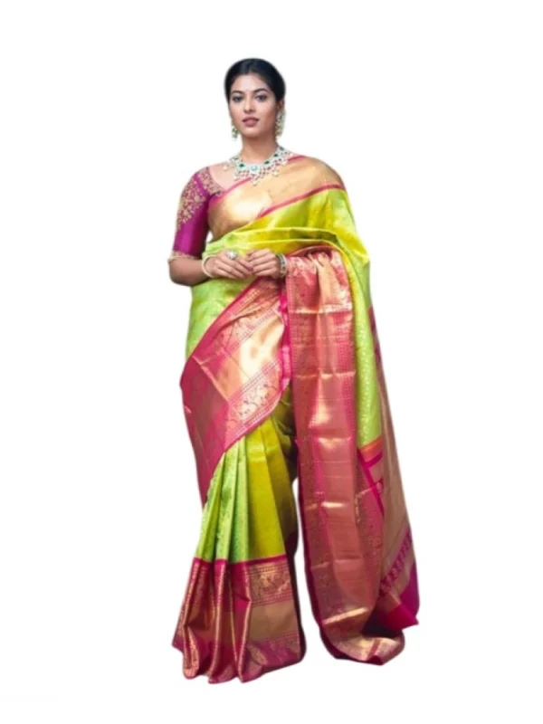 Women's Litchi silk Printed Saree With Unstitched Blouse (Green)