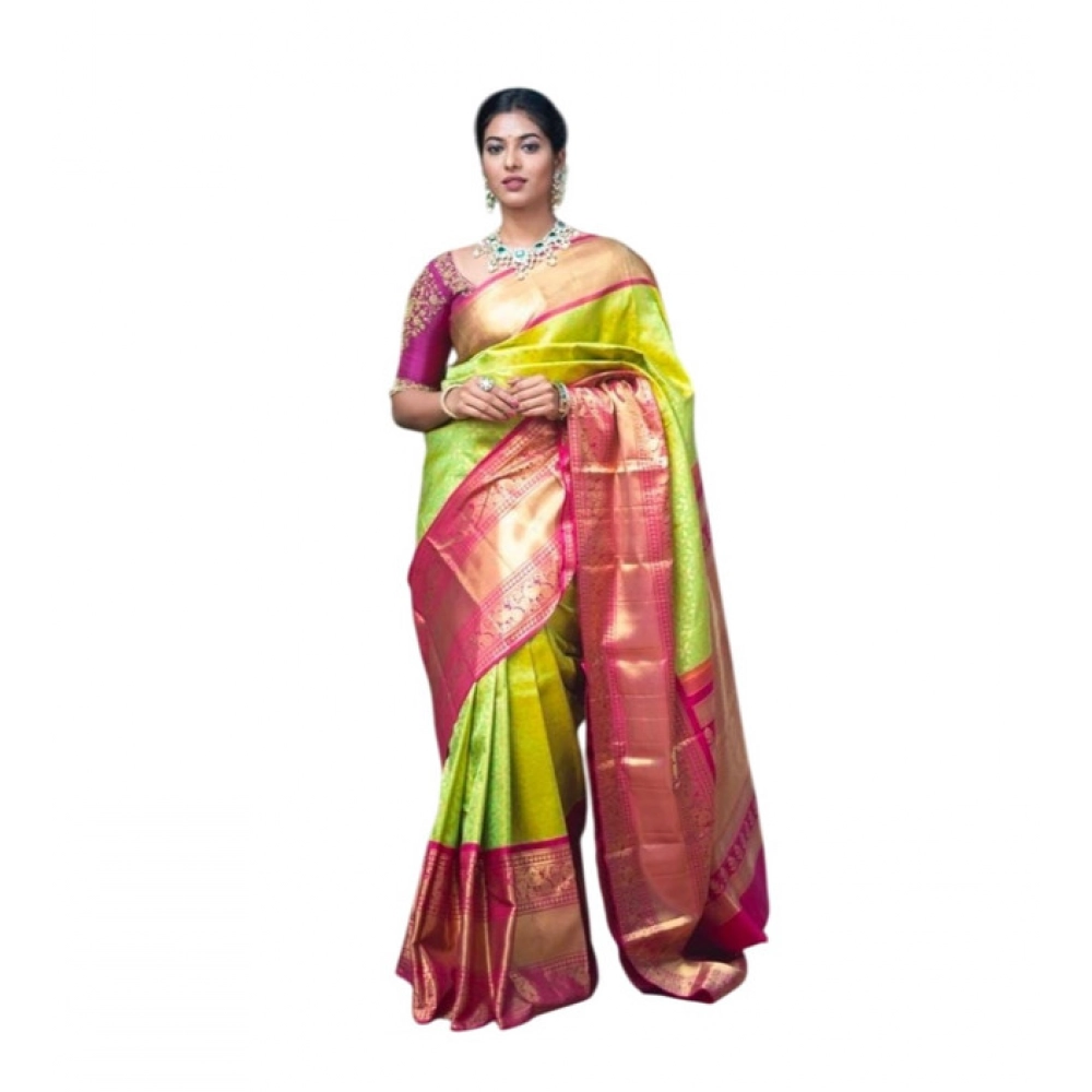 BSB233-SASYYYH-4018-GREEN-Main-1000x1000-1.webp Women's Litchi silk Printed Saree With Unstitched Blouse (Green) - Image 1