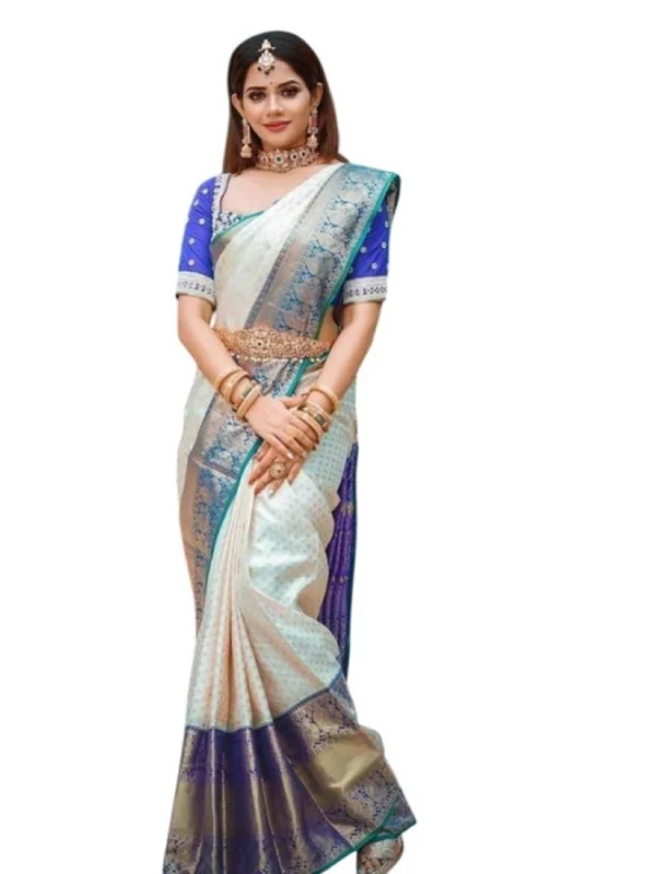 Women's Litchi silk Printed Saree With Unstitched Blouse (Off White)