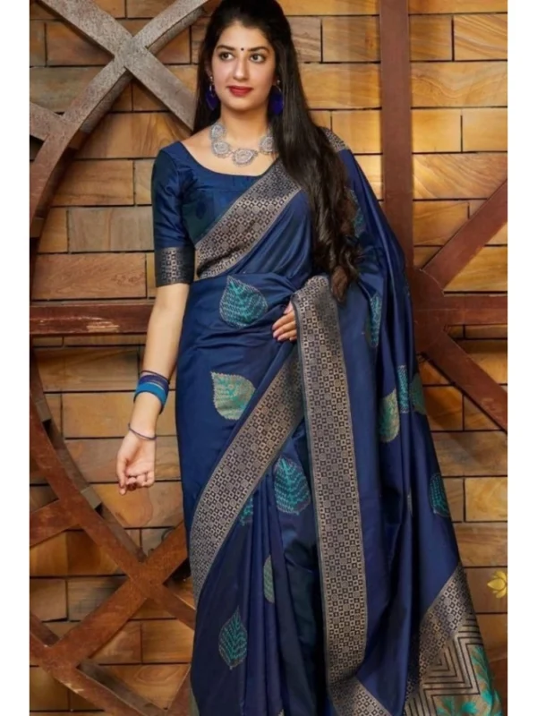 Women's Litchi silk Printed Saree With Unstitched Blouse (Blue)